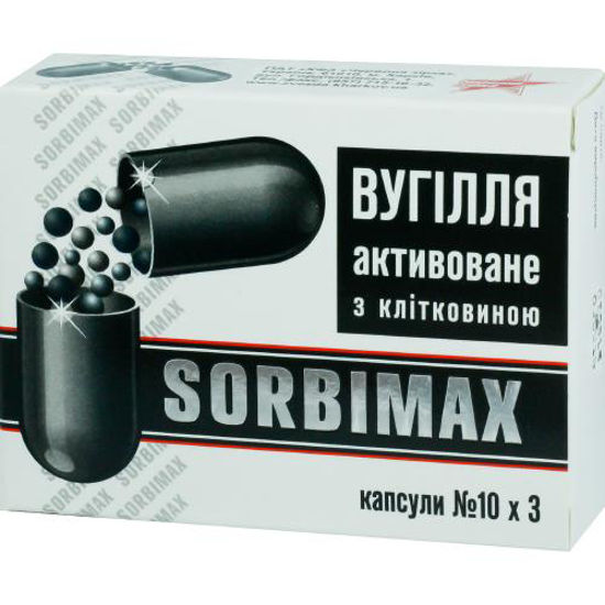 Фото Сорбимакс уголь активированный с клетчаткой капсулы №30